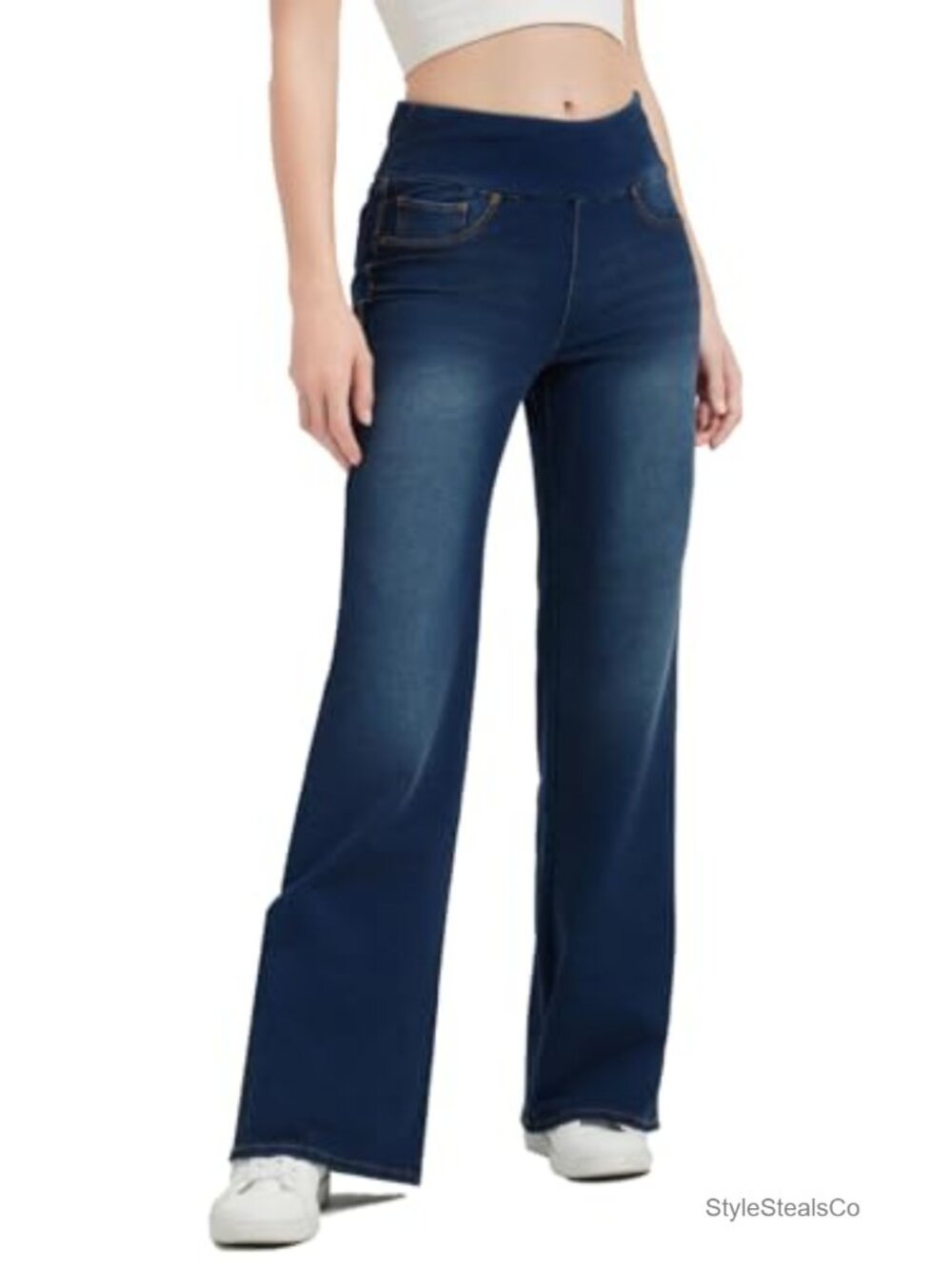 High Waisted Bell Bottom Pull On Flare Jeans Tummy Control Stretch Denim